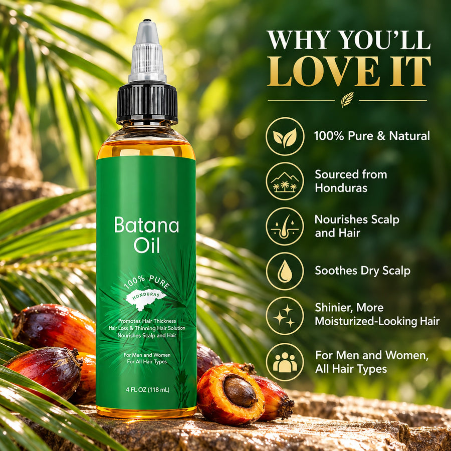 Why you'll love Batana Oil: 100% pure and natural, sourced from Honduras, nourishes scalp and hair, soothes dry scalp, shinier hair