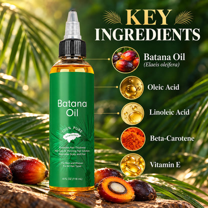Key ingredients: batana oil (Elaeis oleifera) with oleic acid, linoleic acid, beta-carotene and vitamin E