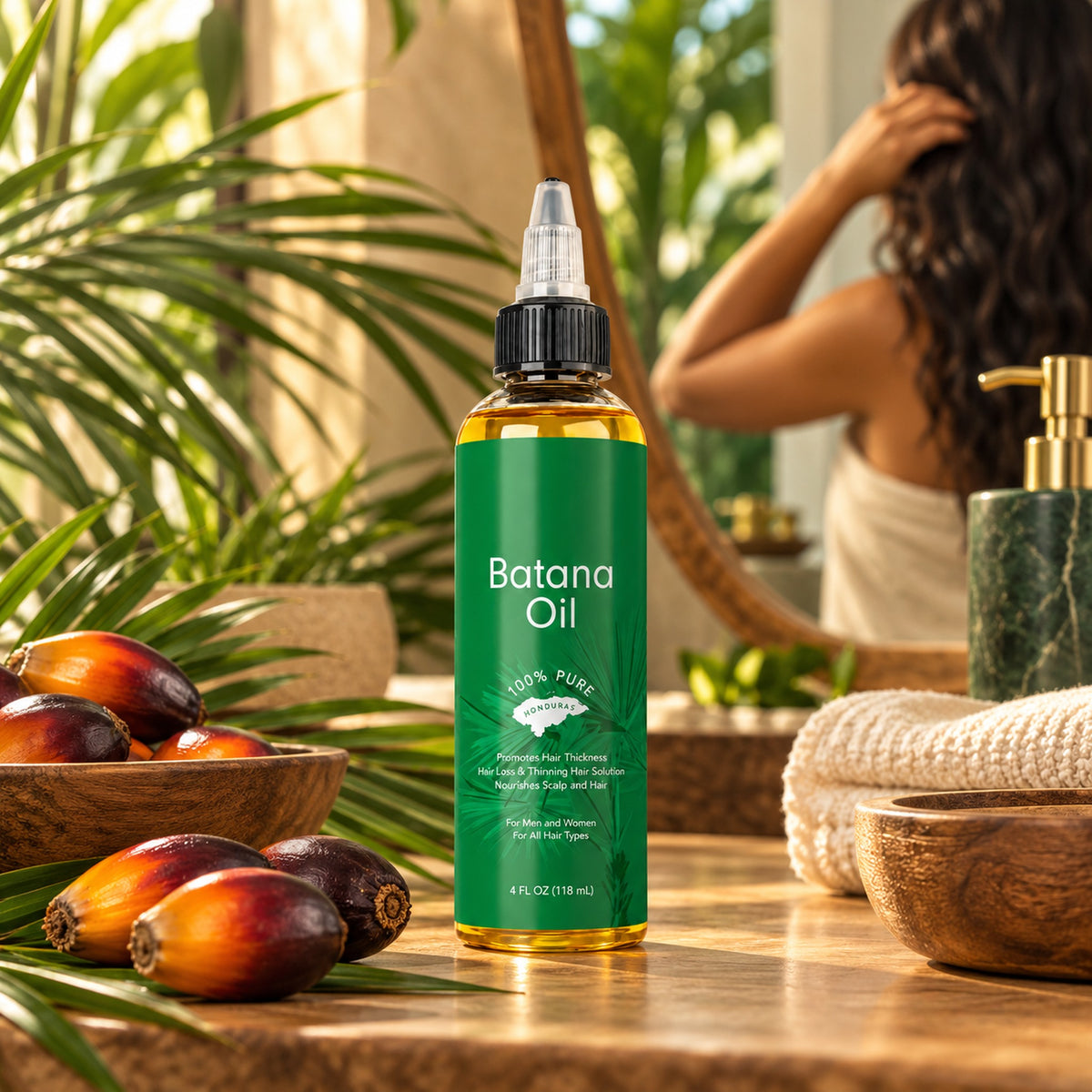 Batana Oil bottle with Honduran batana palm nuts on a warm wooden vanity