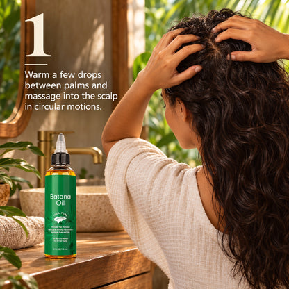 Step 1: warm a few drops between palms and massage into the scalp