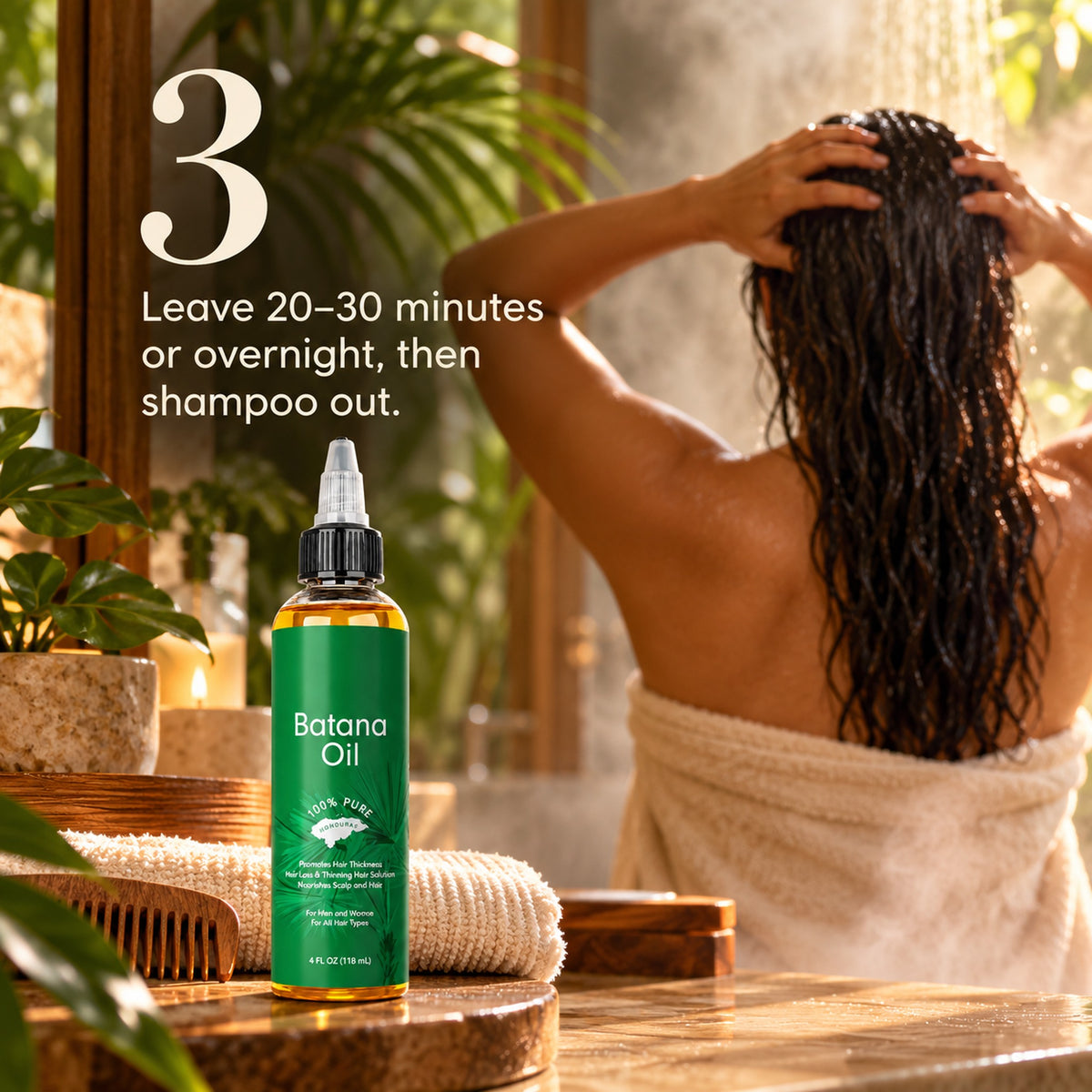 Step 3: leave 20 to 30 minutes or overnight, then shampoo out