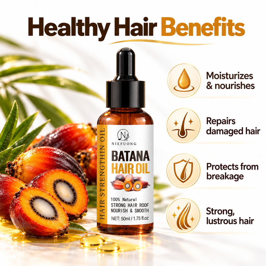 Niefuong Batana Hair Oil benefits: moisturizes and nourishes, repairs damaged hair, protects from breakage, strong lustrous hair