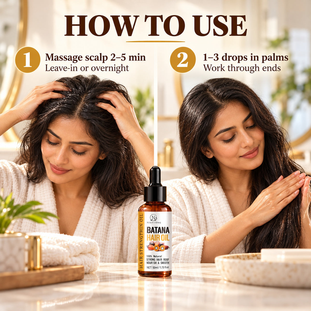How to use batana hair oil: massage scalp 2-5 minutes, then 1-3 drops worked through the ends