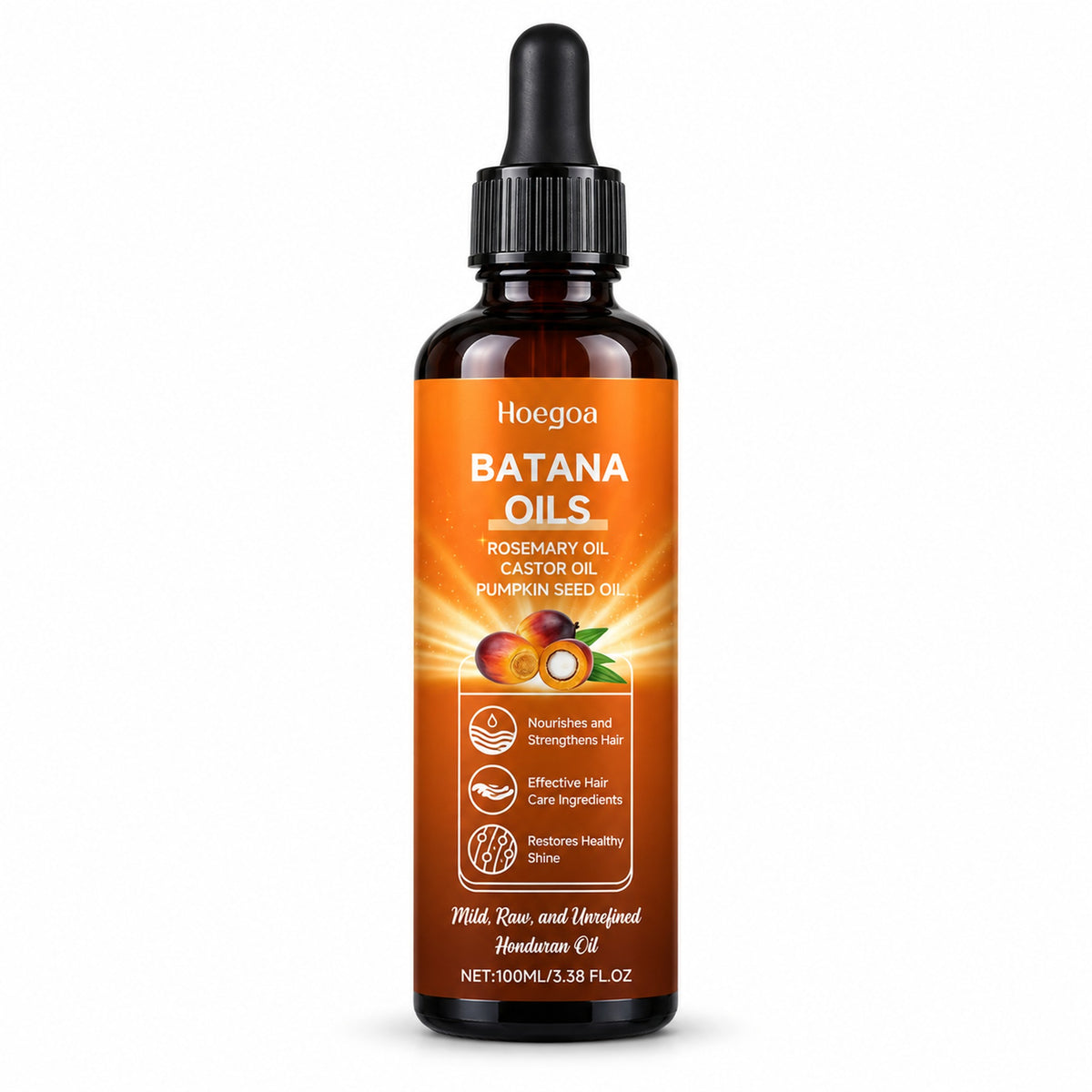 Hoegoa Batana Oils 100 ml amber dropper bottle with rosemary, castor and pumpkin seed oil