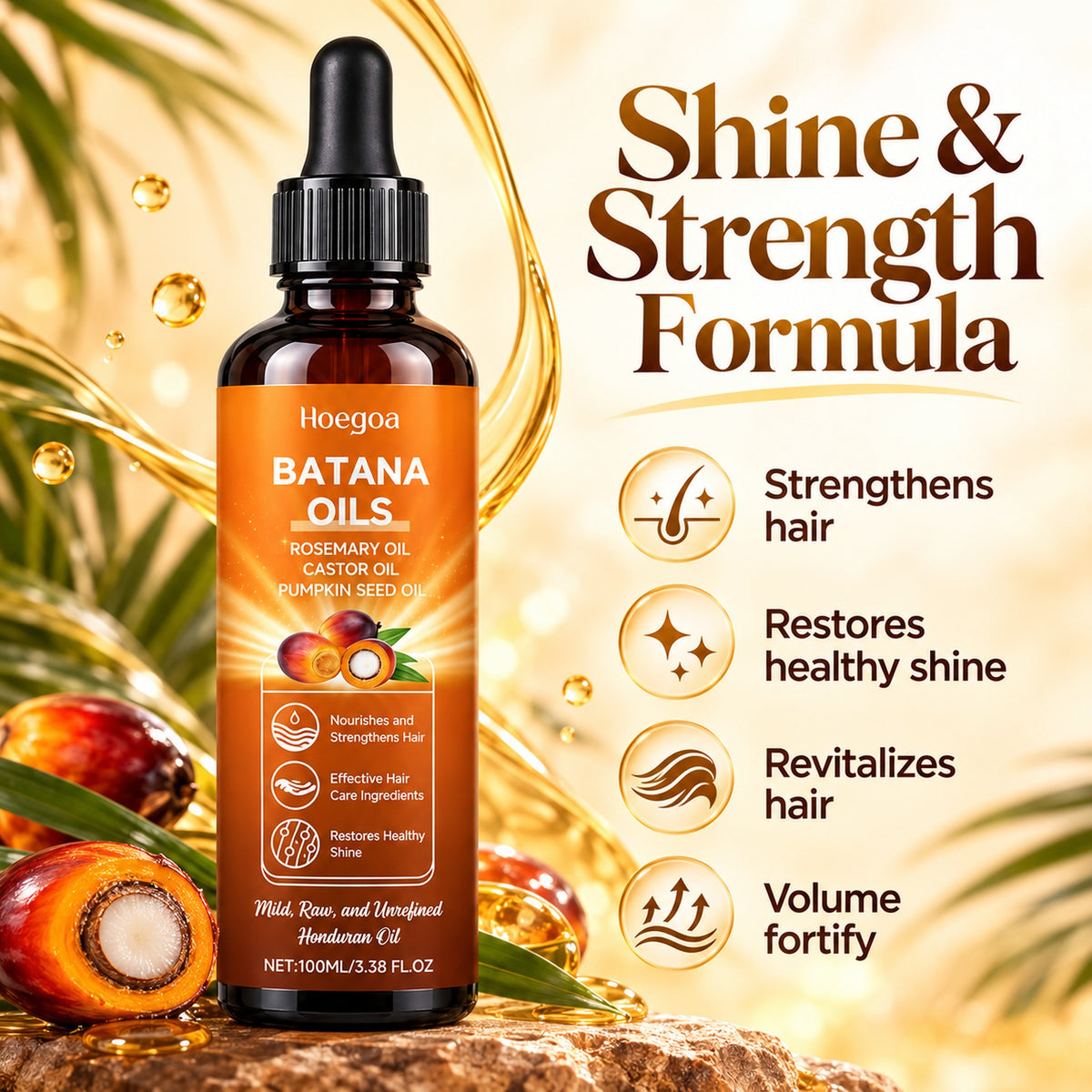 Batana hair oil benefits: strengthens hair, restores healthy shine, revitalizes hair, volume fortify