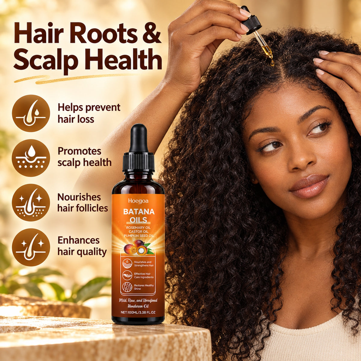 Batana oil for hair roots and scalp health: helps prevent hair loss, nourishes hair follicles