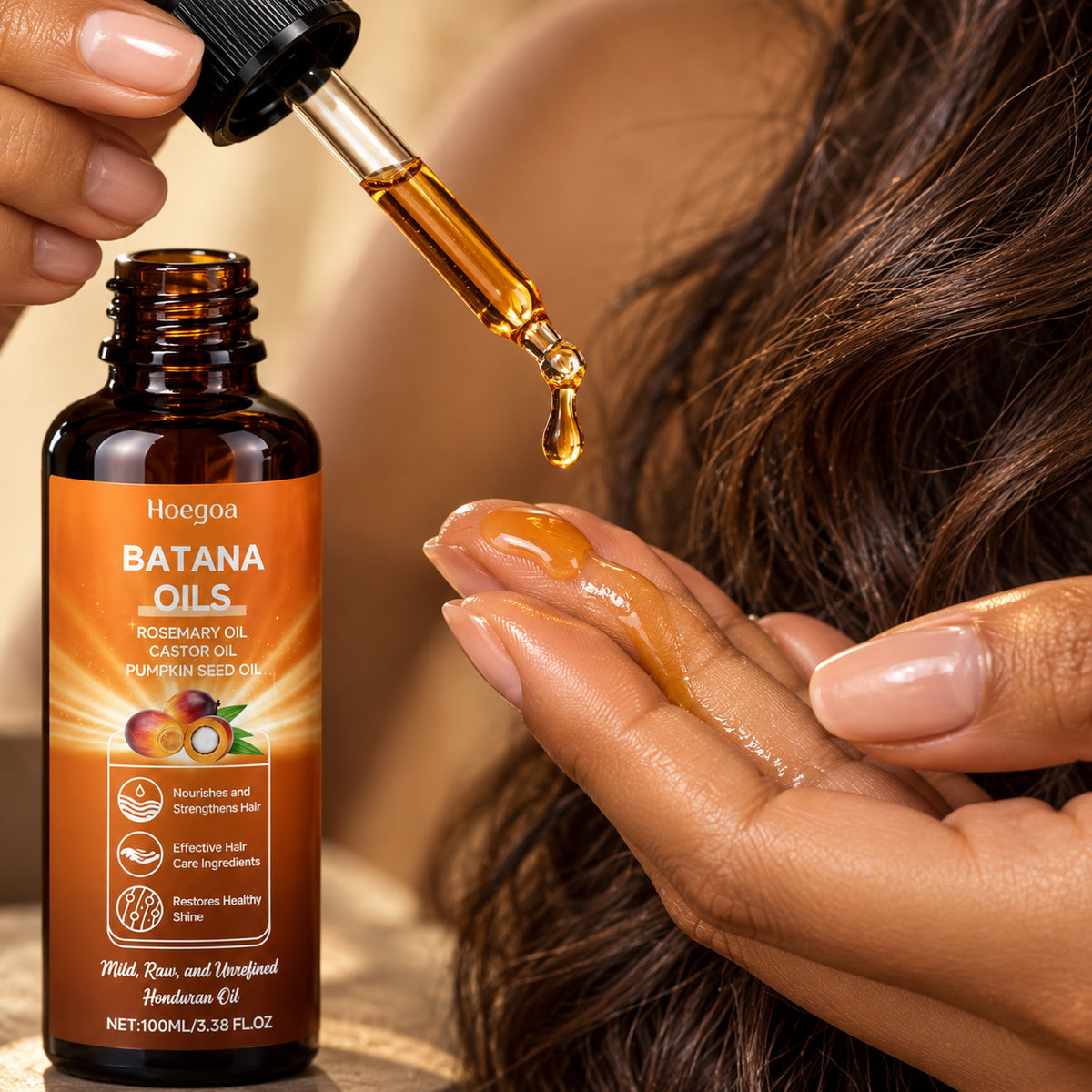 Rich amber batana oil drop falling from the dropper into the palm