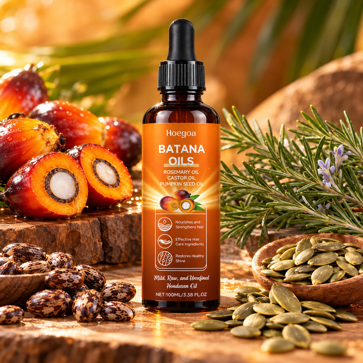 Hoegoa Batana Oils bottle with palm fruit, rosemary, castor beans and pumpkin seeds