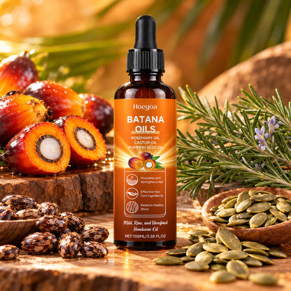 Hoegoa Batana Oils bottle with palm fruit, rosemary, castor beans and pumpkin seeds