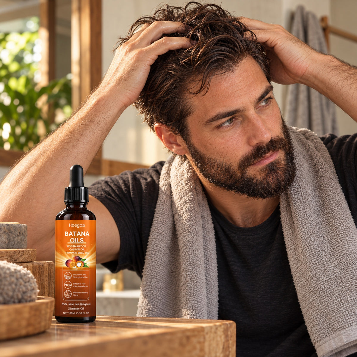 Bearded man massaging batana oil into his scalp, bottle on the bathroom counter