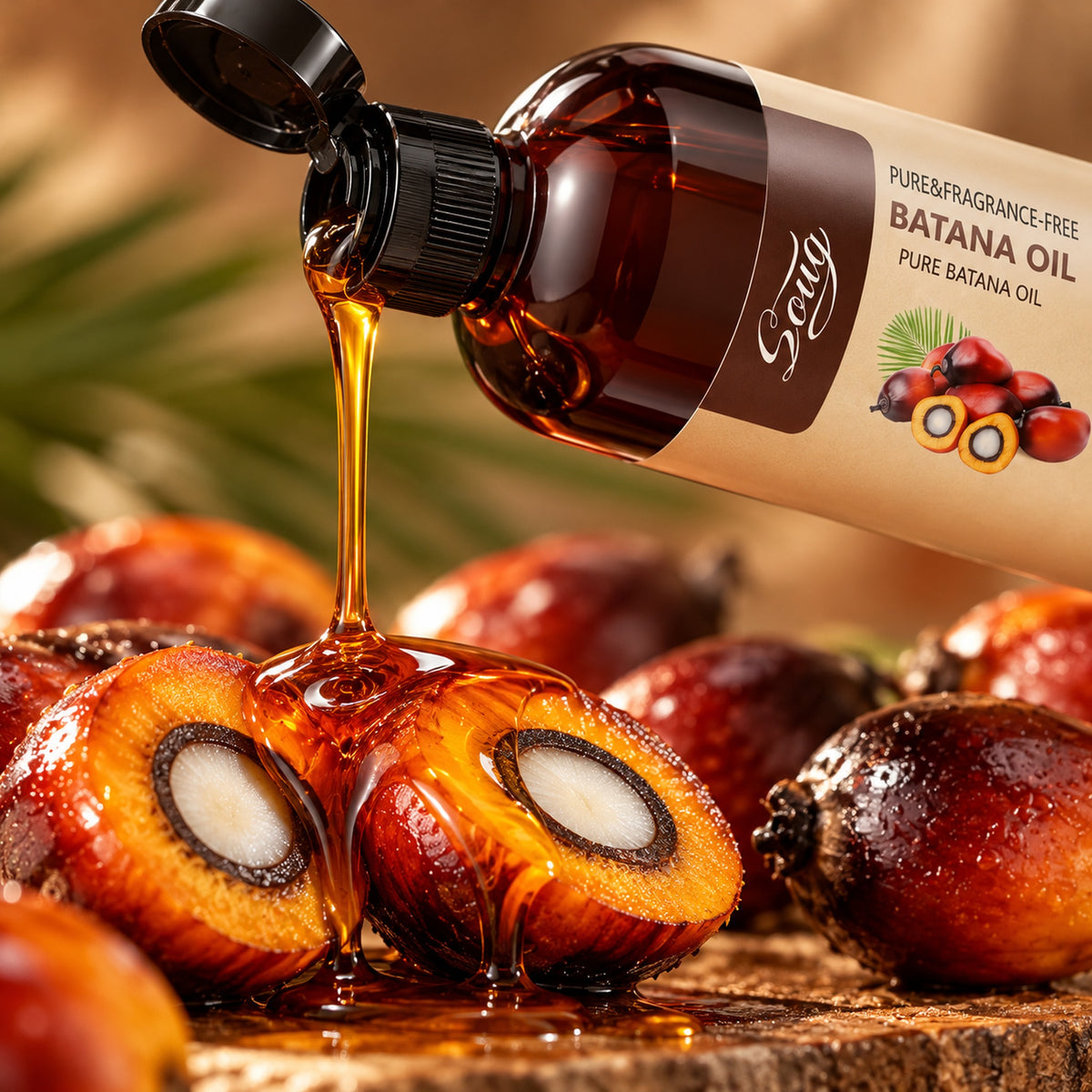 Thick amber batana oil pouring from the bottle onto split palm nuts