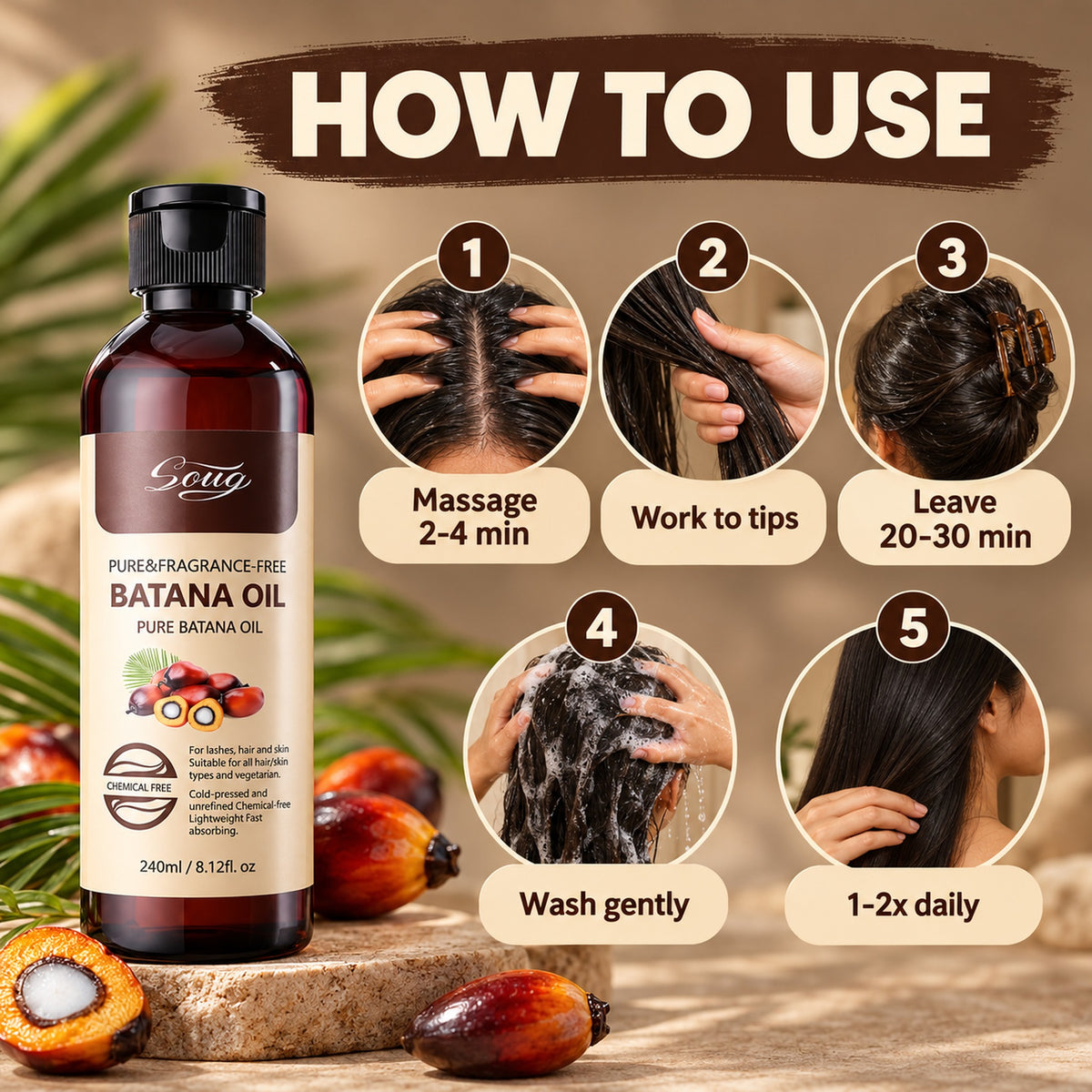 How to use batana oil in 5 steps: massage 2-4 min, work to tips, leave 20-30 min, wash gently, 1-2x daily