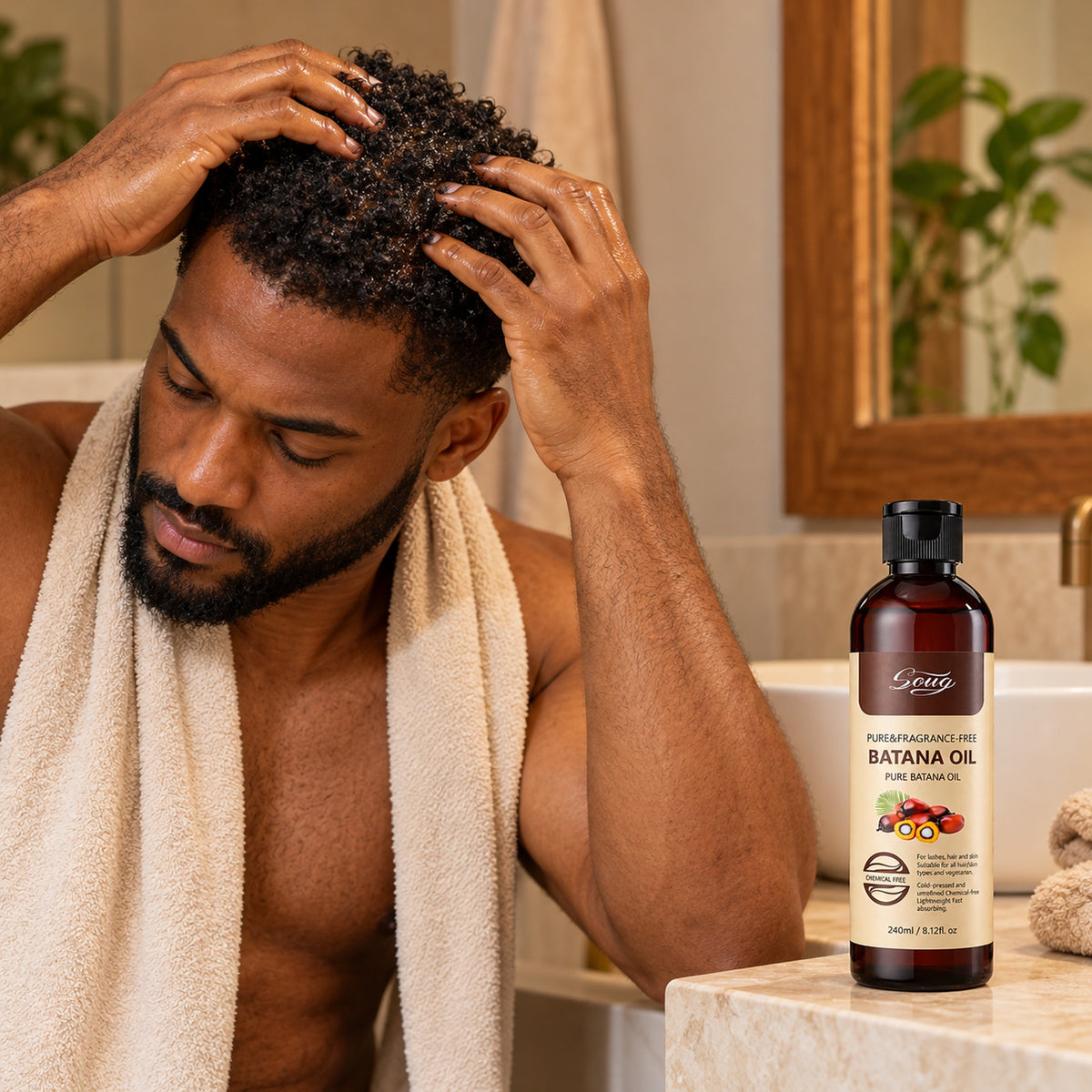 Man massaging batana oil into his scalp in a warm bathroom, bottle on the counter