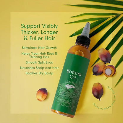 Batana Oil: support visibly thicker, longer and fuller hair, stimulates hair growth, helps treat hair loss and thinning hair, smooths split ends, nourishes and soothes the scalp
