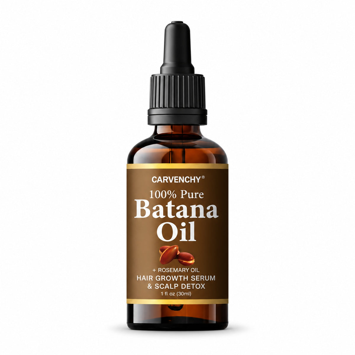CARVENCHY 100% Pure Batana Oil + Rosemary Oil hair growth serum & scalp detox, 30 ml dropper bottle on white