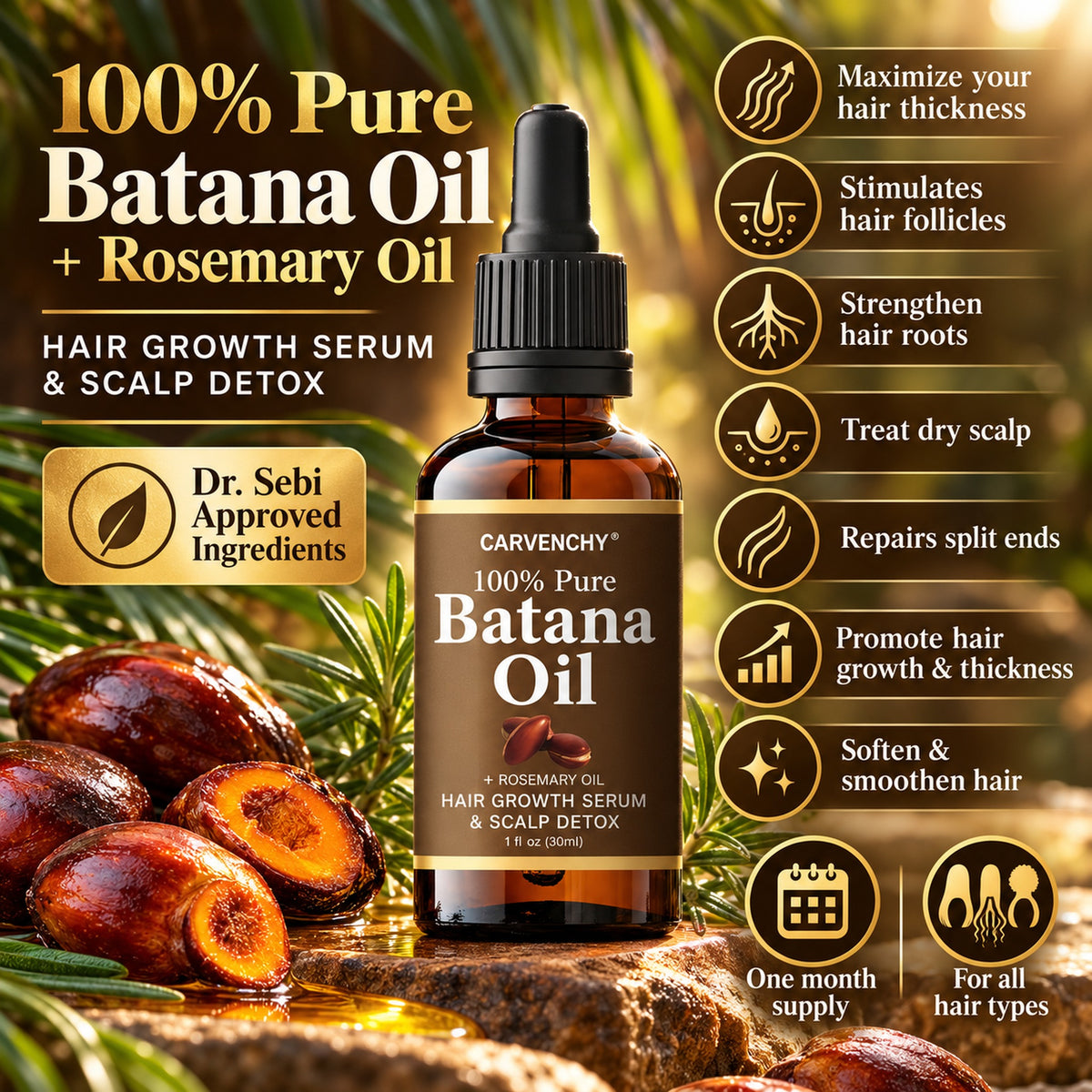 Batana Oil + Rosemary Oil benefits: stimulates hair follicles, strengthens roots, treats dry scalp, promotes hair growth & thickness