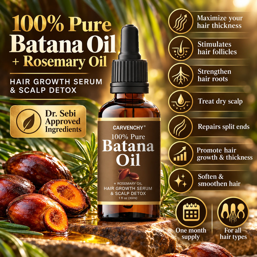 Batana Oil + Rosemary Oil benefits: stimulates hair follicles, strengthens roots, treats dry scalp, promotes hair growth & thickness