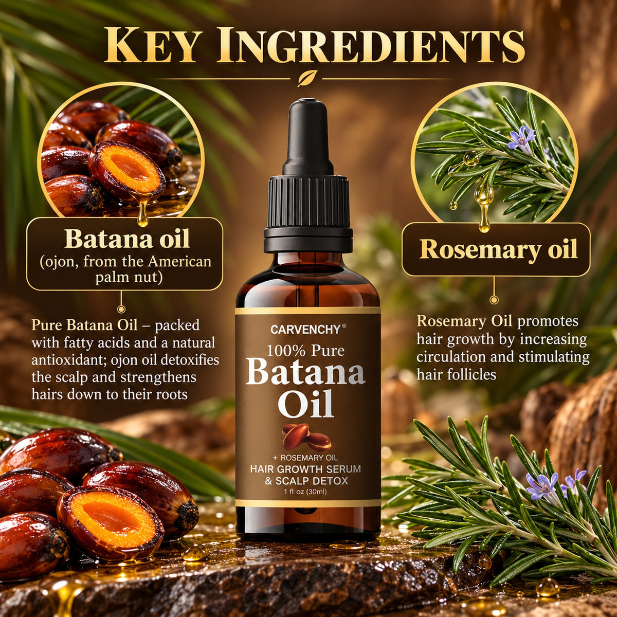 Key ingredients: pure batana (ojon) oil and rosemary oil in the CARVENCHY scalp serum
