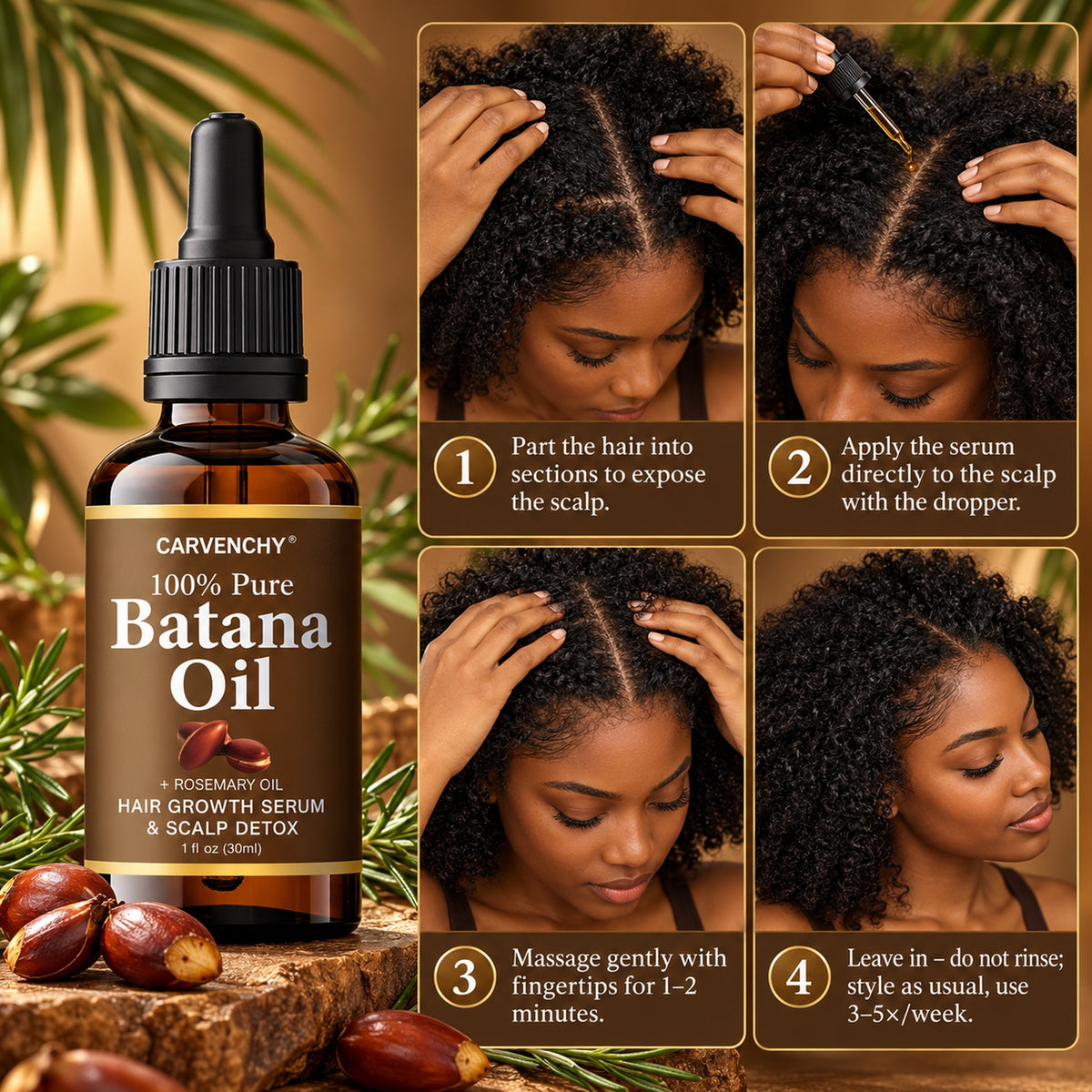 How to use the batana oil scalp serum in 4 steps: part, apply with dropper, massage, leave in