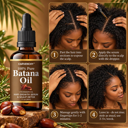 How to use the batana oil scalp serum in 4 steps: part, apply with dropper, massage, leave in