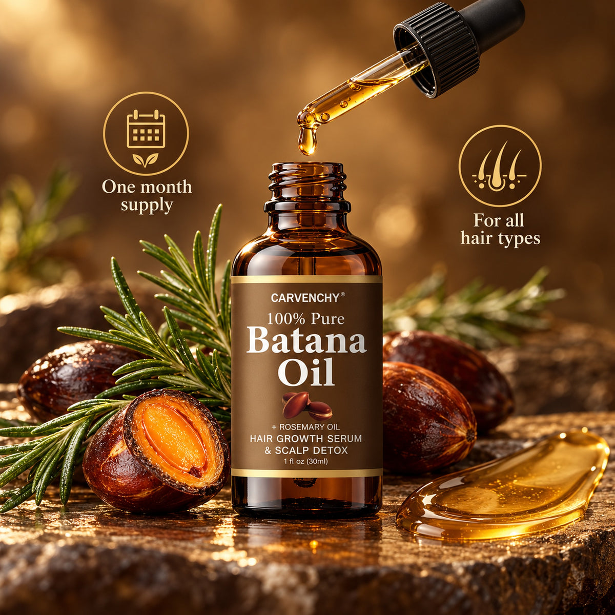 Golden batana oil serum dripping from the dropper beside batana nuts and rosemary - one month supply