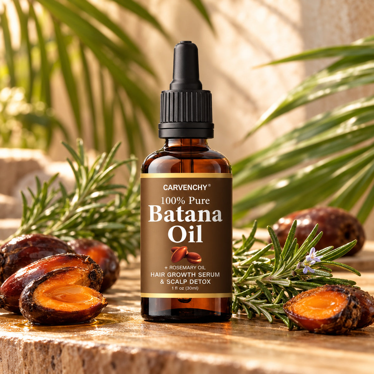 CARVENCHY Batana Oil bottle styled with batana palm nuts and fresh rosemary