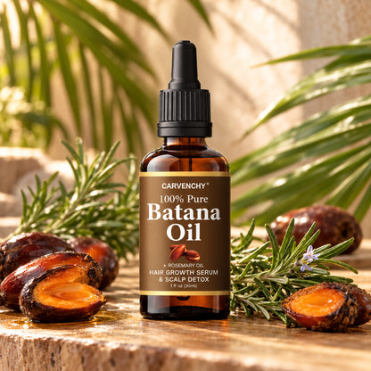 CARVENCHY Batana Oil bottle styled with batana palm nuts and fresh rosemary