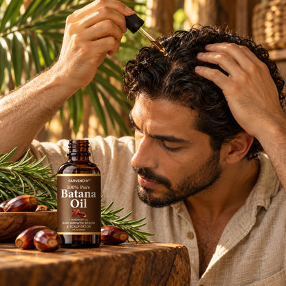Man applying batana oil serum to his scalp with the dropper