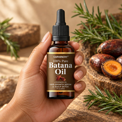 Hand holding the 30 ml CARVENCHY Batana Oil scalp serum bottle for size