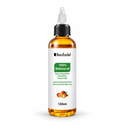 Beafadel 100% Batana Oil 120 ml hair growth & skin care oil, squeeze bottle with applicator nozzle on white