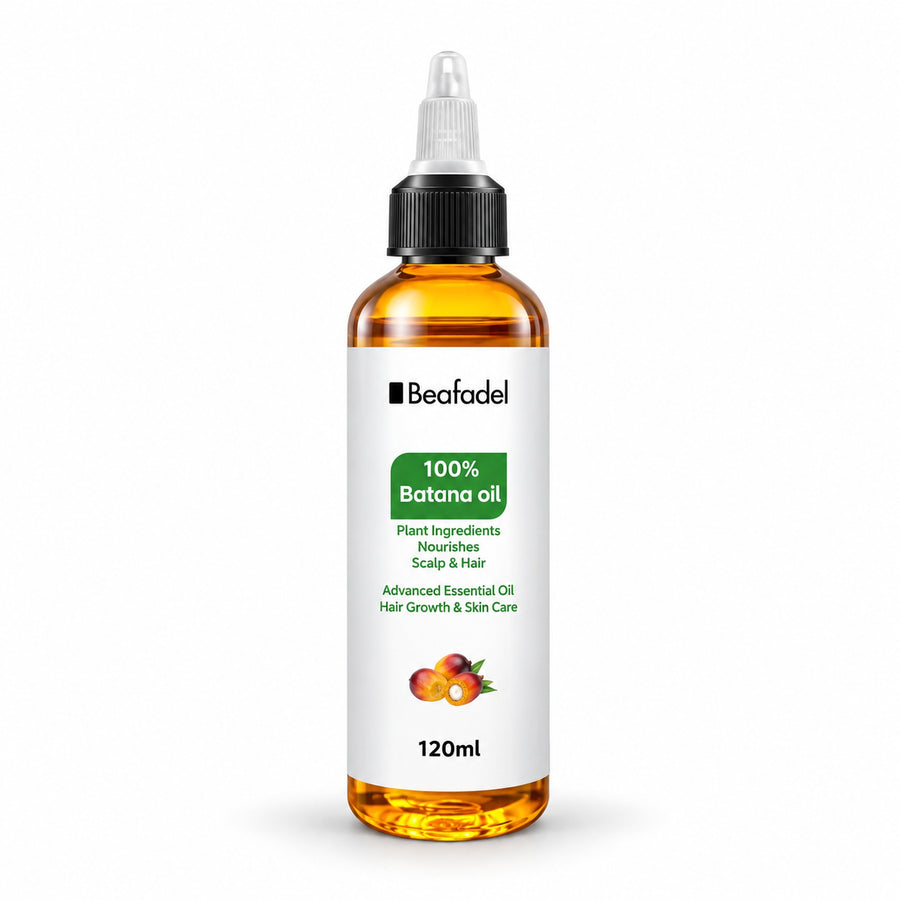 Beafadel 100% Batana Oil 120 ml hair growth & skin care oil, squeeze bottle with applicator nozzle on white