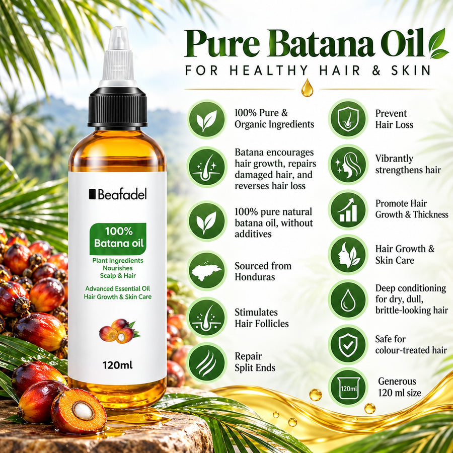 Pure batana oil benefits: encourages hair growth, prevents hair loss, repairs split ends, stimulates follicles, sourced from Honduras