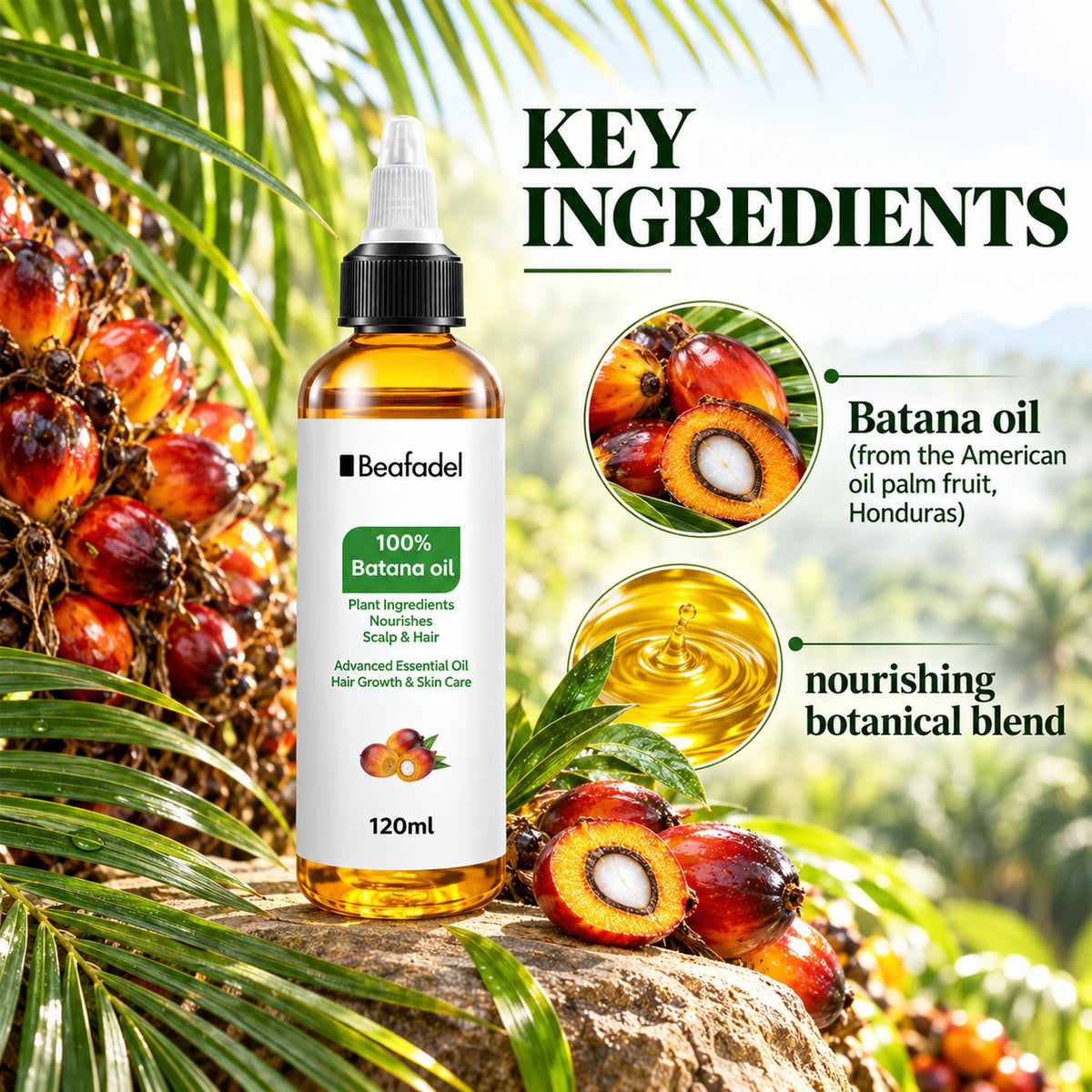 Key ingredients: batana oil from the American oil palm fruit of Honduras and a nourishing botanical blend