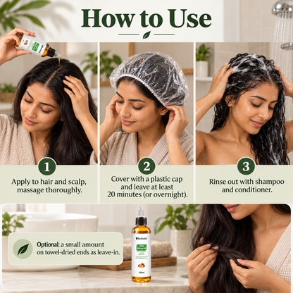 How to use batana oil: apply and massage, cover with a cap for 20 minutes or overnight, rinse with shampoo and conditioner