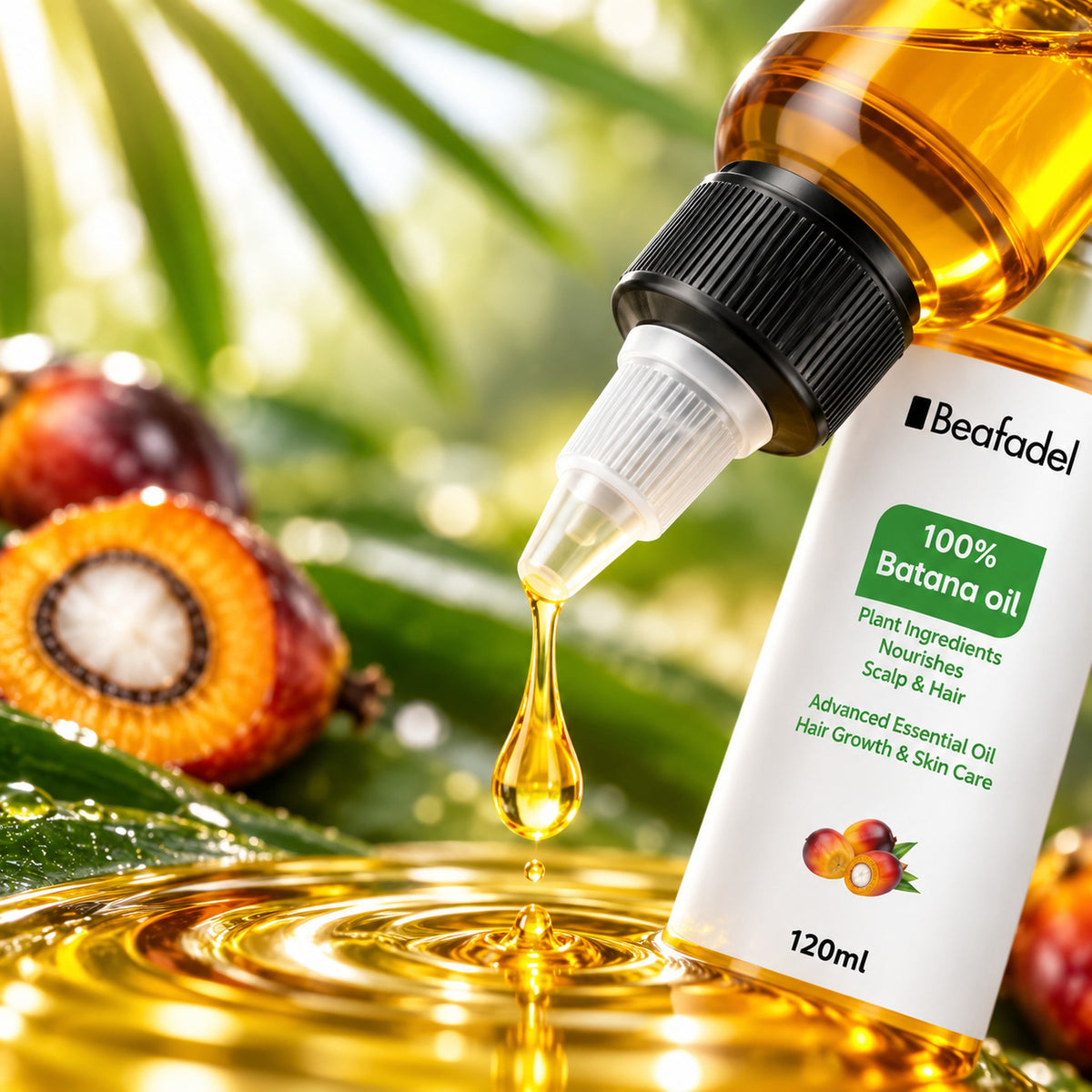 Golden batana oil dripping from the applicator nozzle beside split palm fruit