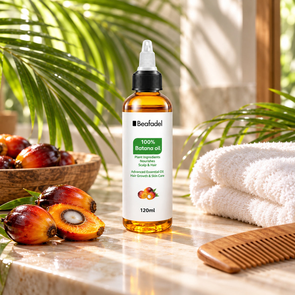 Beafadel batana oil bottle on a bathroom counter with palm fruit, towel and wooden comb