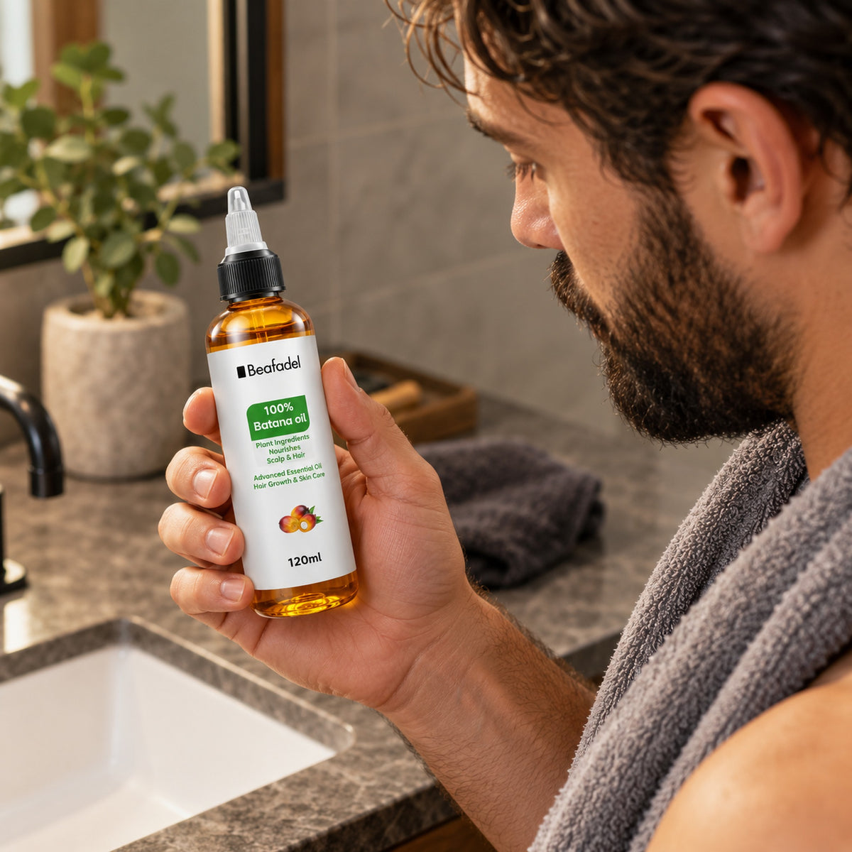 Bearded man holding the 120 ml Beafadel batana oil bottle for size