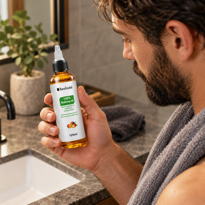 Bearded man holding the 120 ml Beafadel batana oil bottle for size
