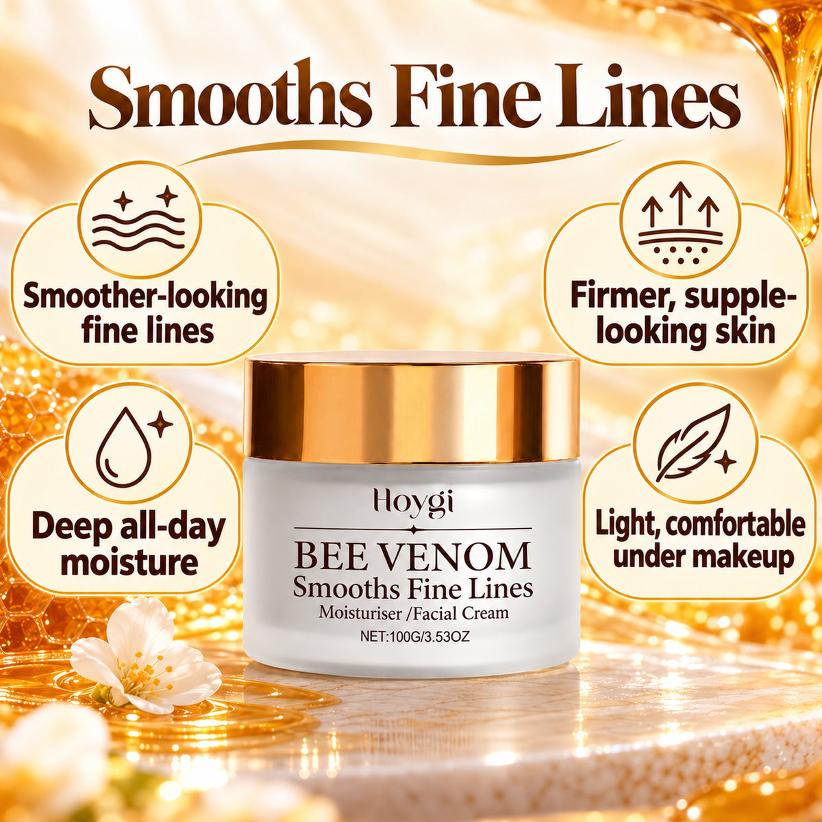 Smooths fine lines – smoother-looking fine lines, firmer supple-looking skin, deep all-day moisture, light under makeup