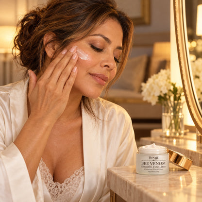 Woman smoothing Bee Venom cream onto her cheek at a warm vanity