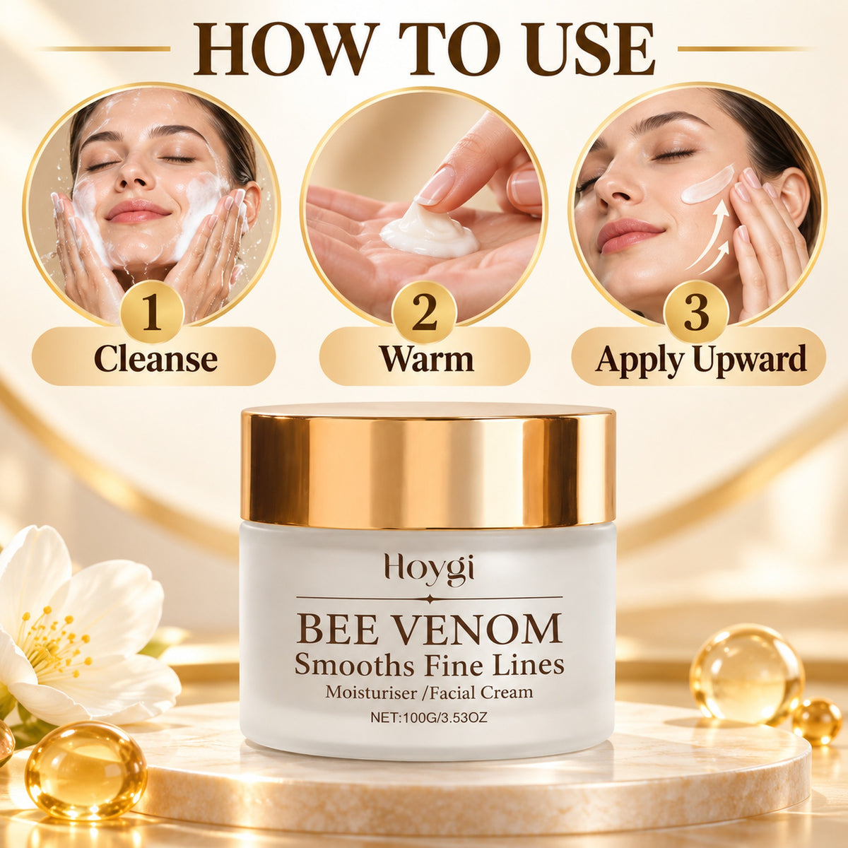 How to use – 1 cleanse, 2 warm, 3 apply upward