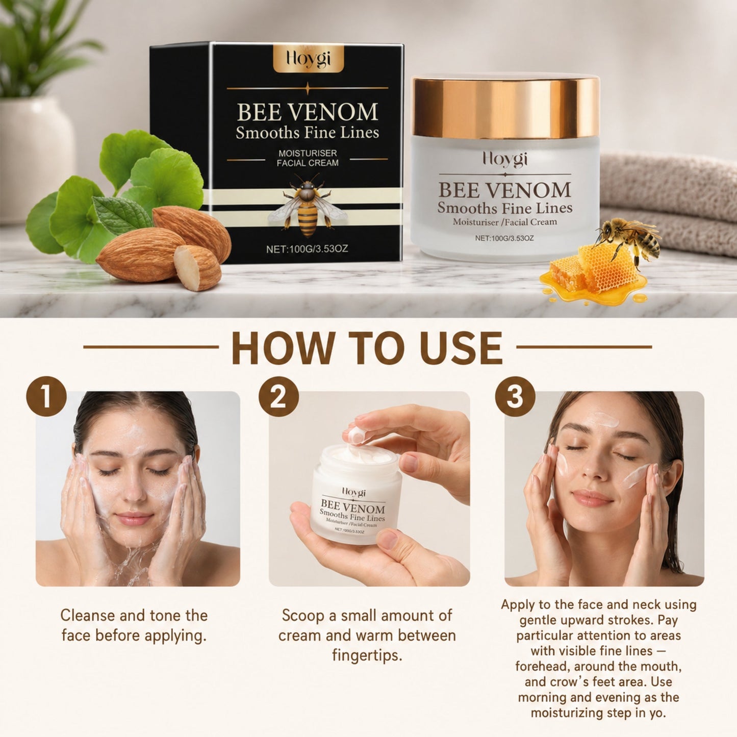 Bee Glow Anti-Wrinkle Face Cream – Firming & Rejuvenating, 100g — photographic three-step how-to