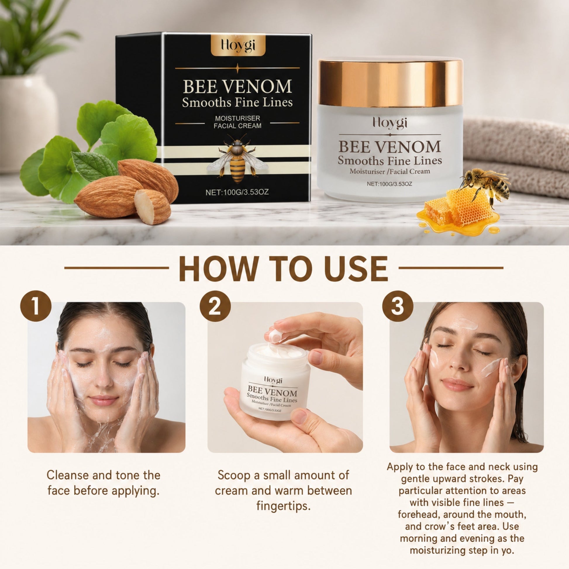 Bee Glow Anti-Wrinkle Face Cream – Firming & Rejuvenating, 100g — photographic three-step how-to