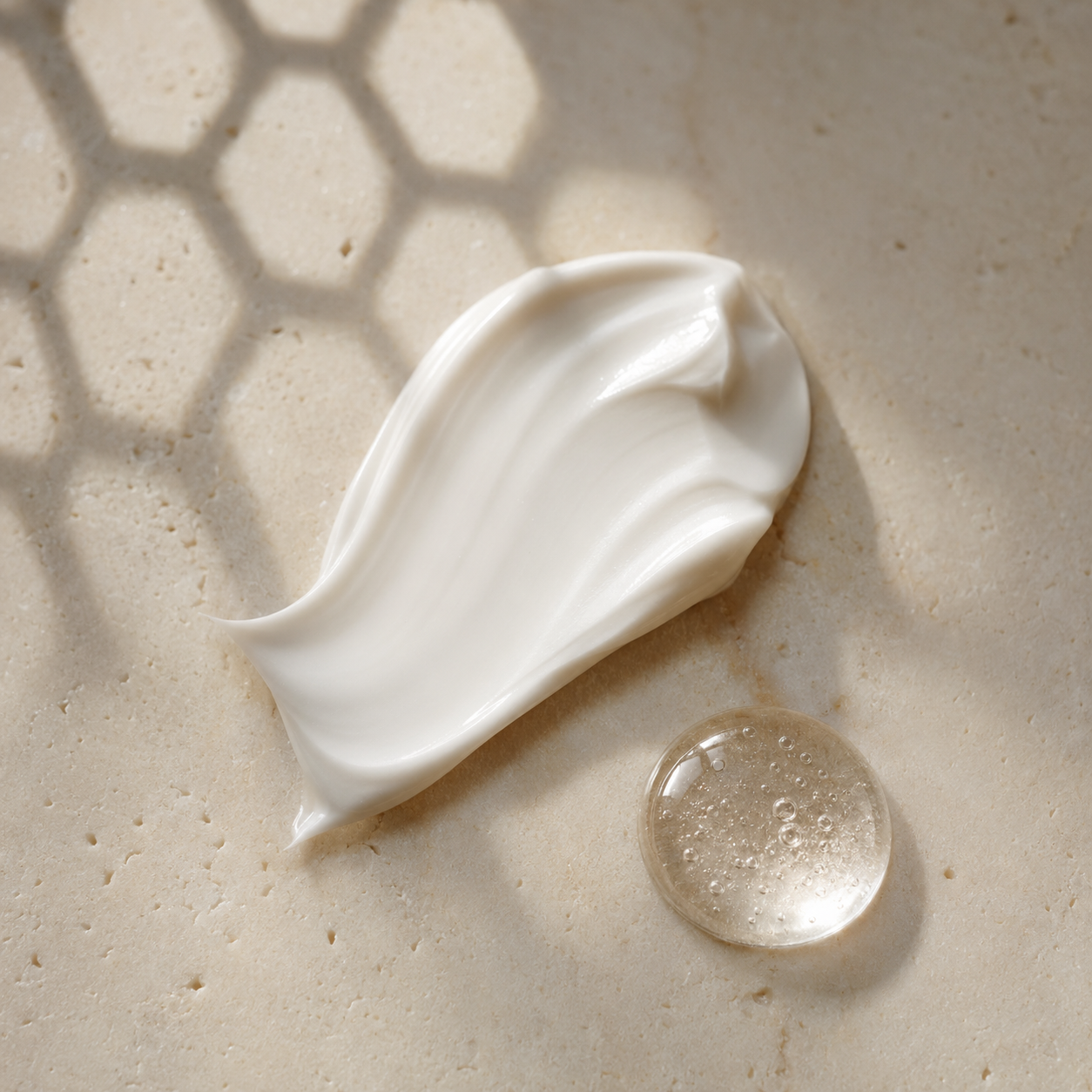 Pearl-white bee peptide firming face cream texture with moisture droplet