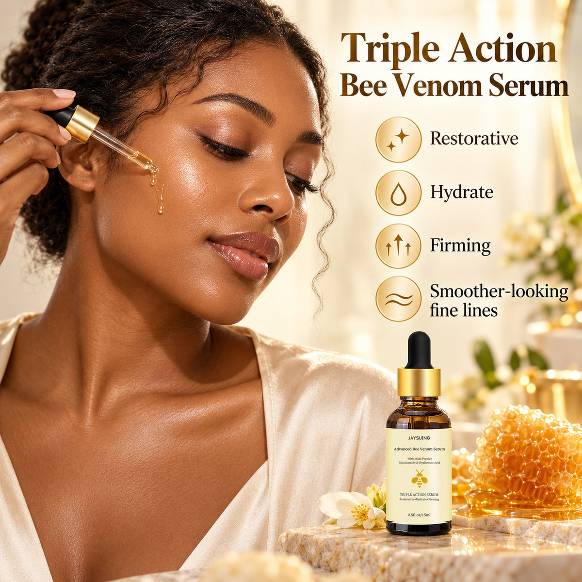 Woman applying JAYSUING Advanced Bee Venom Serum 15ml with the dropper – Triple Action: Restorative, Hydrate, Firming, smoother-looking fine lines