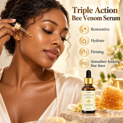 Woman applying JAYSUING Advanced Bee Venom Serum 15ml with the dropper – Triple Action: Restorative, Hydrate, Firming, smoother-looking fine lines