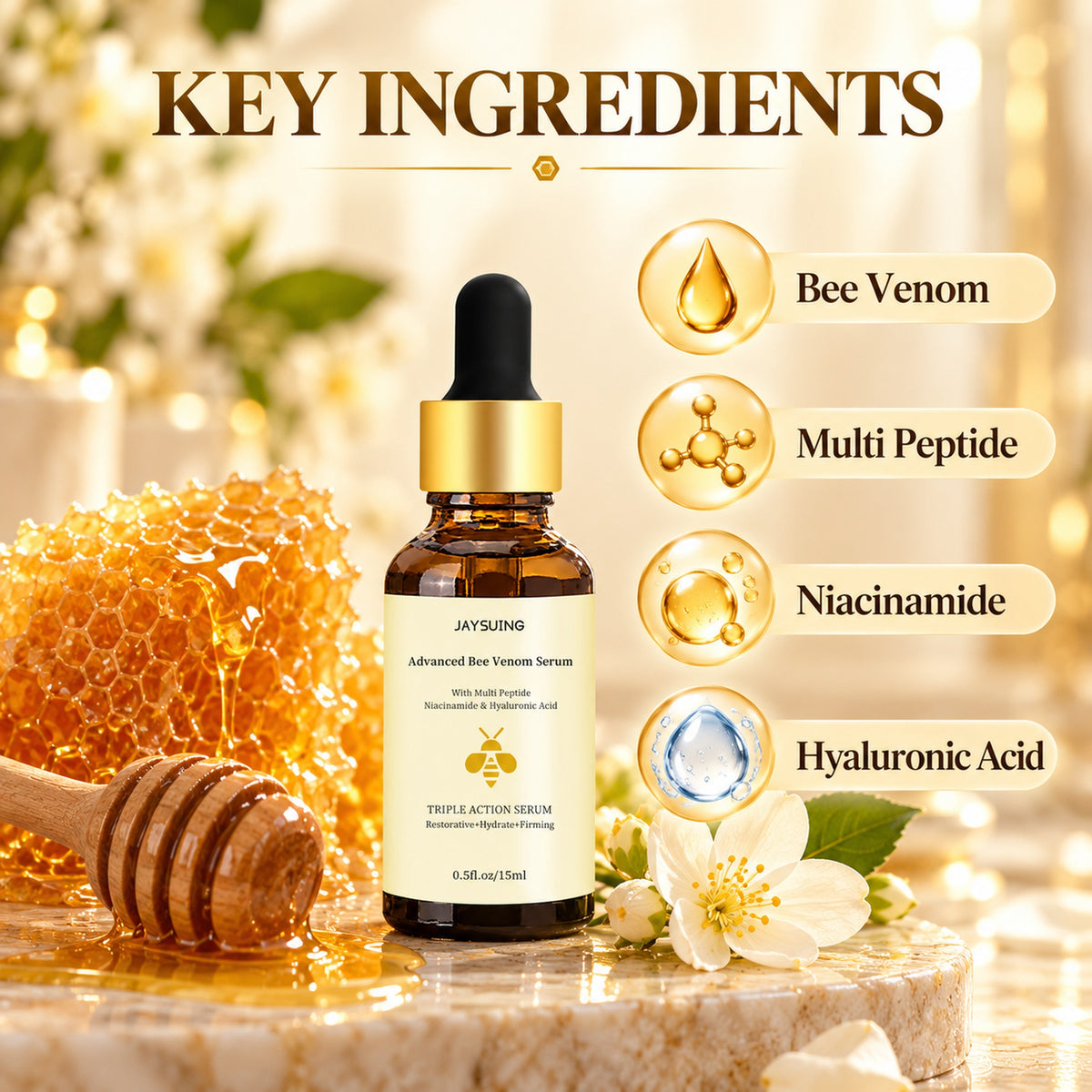 Key ingredients of the bee venom face serum: Bee Venom, Multi Peptide, Niacinamide and Hyaluronic Acid, with honeycomb and honey dipper