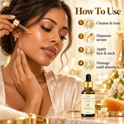 How to use the bee venom serum in 4 steps: cleanse and tone, dispense serum, apply to face and neck, massage until absorbed