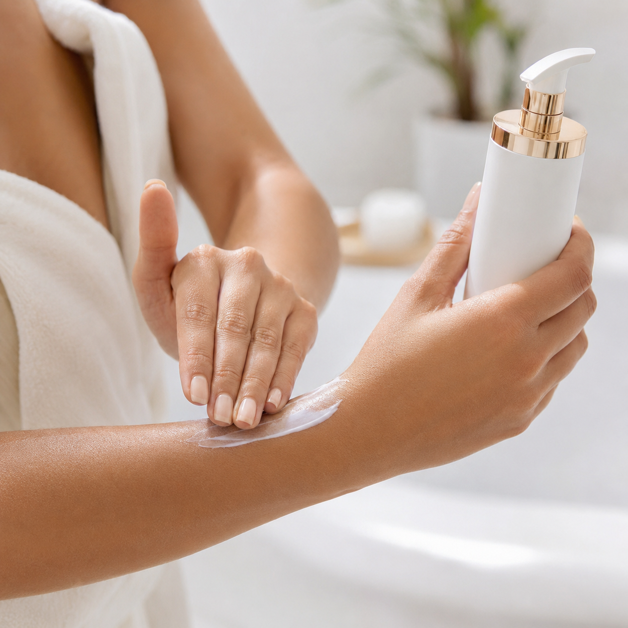 Woman applying bee venom firming body moisturizer to her forearm