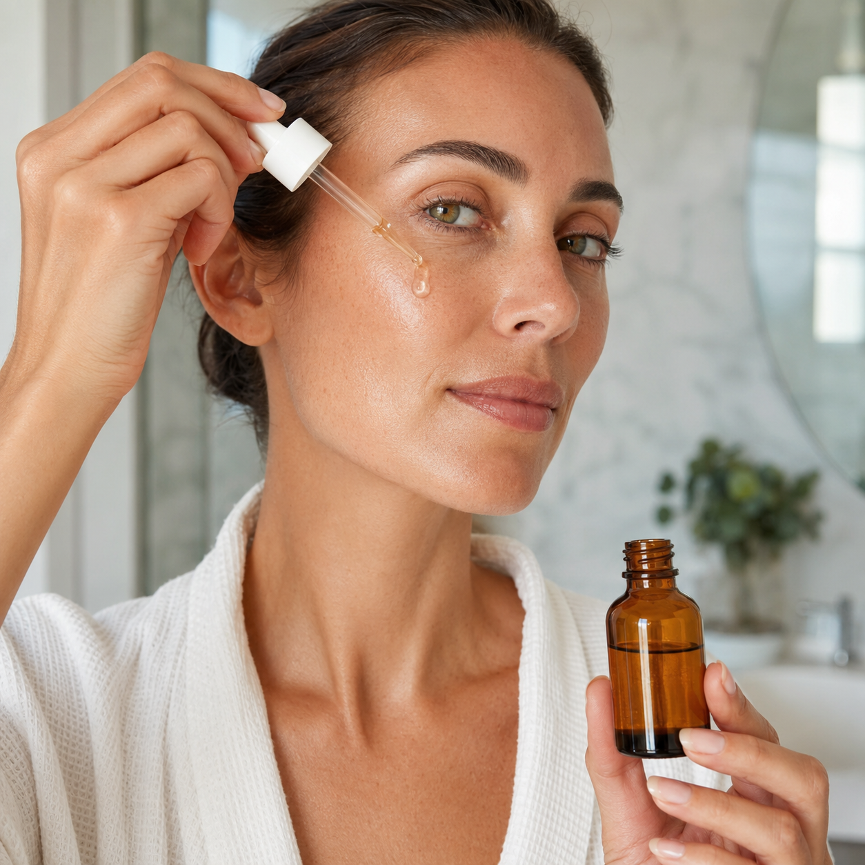 Woman applying bee venom firming face serum with a glass dropper